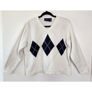 Vintage Liz Claiborne Lizsport 100% Cotton Heavy Knit Argyle Sweater, Med Petite
